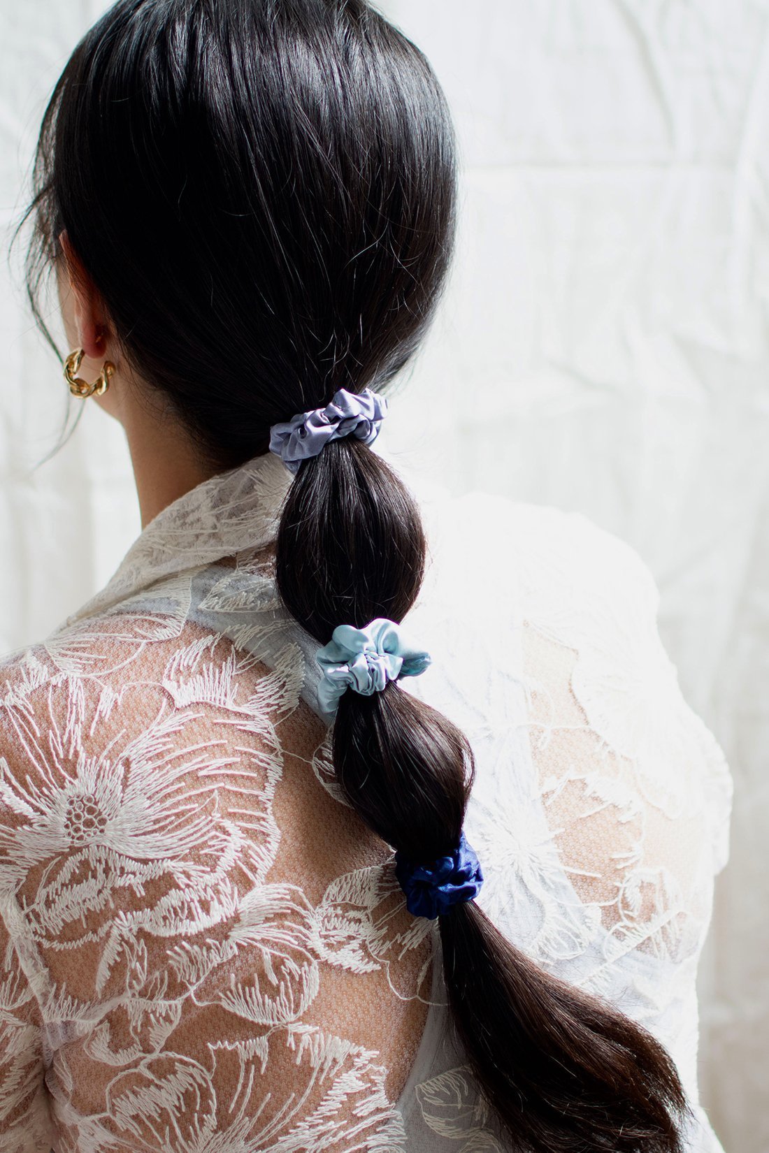 Small Silk Satin Scrunchies 2 Pc Set - White