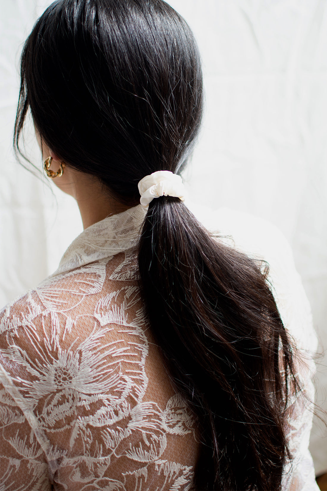 Small Silk Satin Scrunchies 2 Pc Set - White