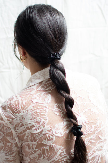 SMALL SILK SATIN SCRUNCHIES 2 PC SET IN BLACK